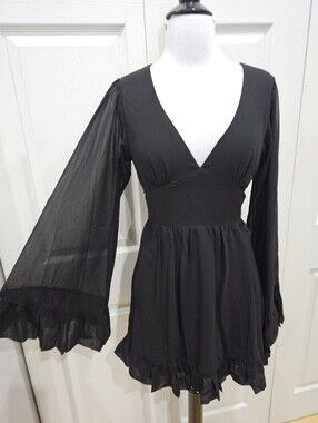 Dolls Kill Goth Fairy Widow Black Sheer Belle Sleeve Mini VNeck Tie Back Dress S